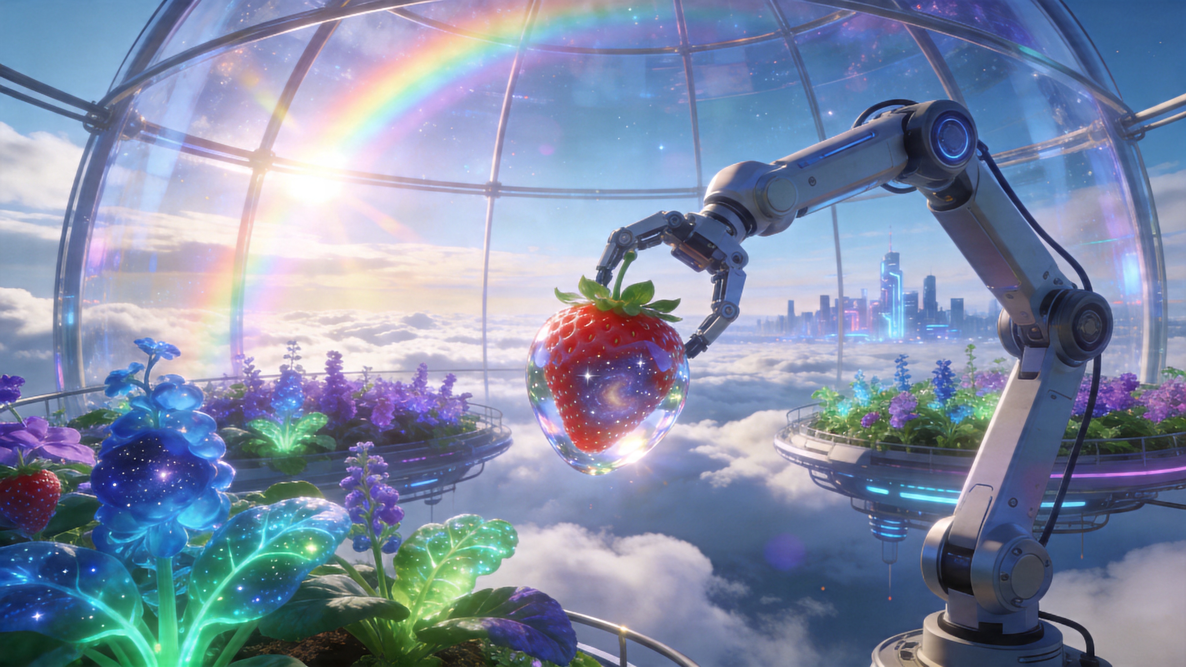 2026年春天的最后时刻，一个悬浮在云层之上的未来主义空中农场。巨大的透明穹顶结构下，生长着发光的基因改良植物，这些植物呈现出奇异的蓝紫色和荧光绿色。画面中央是一个智能采摘机器人，它的机械臂精致而灵活，正小心翼翼地摘下一颗晶莹剔透、内部仿佛蕴含星云的‘时令草莓’。背景是透过穹顶看到的壮丽云海和远处若隐若现的赛博城市天际线，阳光透过云层折射出彩虹般的光晕，展现出科技与自然完美共生的春日景象。

3D概念艺术与科幻渲染风格，参考了Blender Cycles渲染器和《遗落战境》的美术风格。具有极高的清晰度和逼真的材质质感，特别是玻璃、金属和发光植物的纹理。光影采用高动态范围（HDR）照明，强调体积光和光束效果。色彩鲜艳且带有霓虹感，整体视觉充满未来感和超现实的梦幻美。