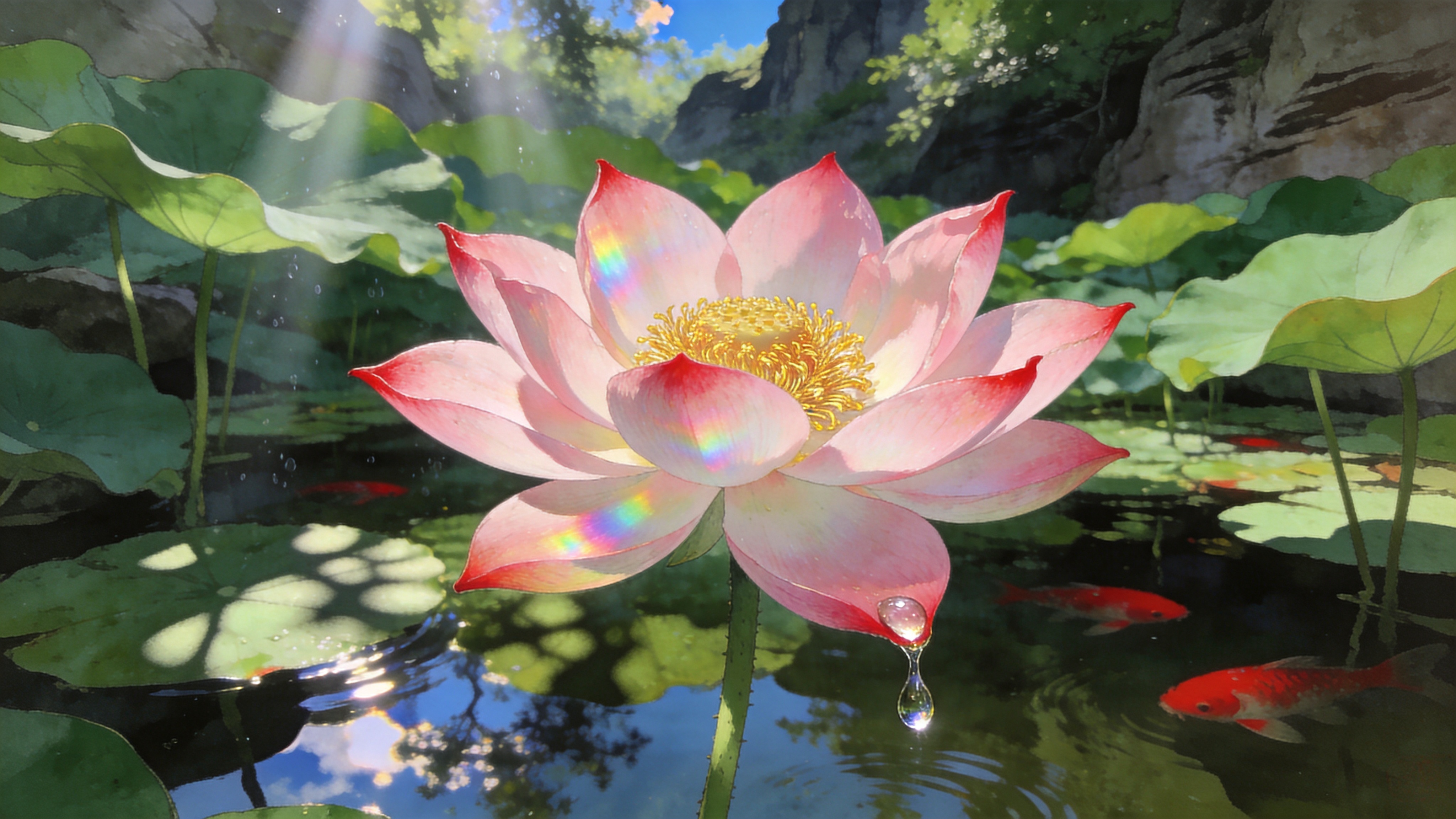 2026年8月11日的盛夏午后，一片隐藏在深山中的古老荷塘。画面中央是一朵盛开的粉色荷花，花瓣尖端透着淡淡的胭脂红，花蕊金黄。一颗晶莹剔透的露珠正顺着花瓣边缘滑落，在阳光下折射出七彩光芒。背景是层层叠叠的翠绿荷叶，错落有致，几只红色的锦鲤在荷叶下的阴影中若隐若现，水面波光粼粼，倒映着斑驳的树影和湛蓝的天空一角，空气中弥漫着夏日水汽的清凉感。

新中式工笔重彩风格，结合高清摄影质感。色彩上以高饱和度的翠绿和柔粉为主，光影处理强调丁达尔效应，笔触细腻如丝，具有丝绸般的顺滑质感，画面通透、宁静，充满东方禅意。