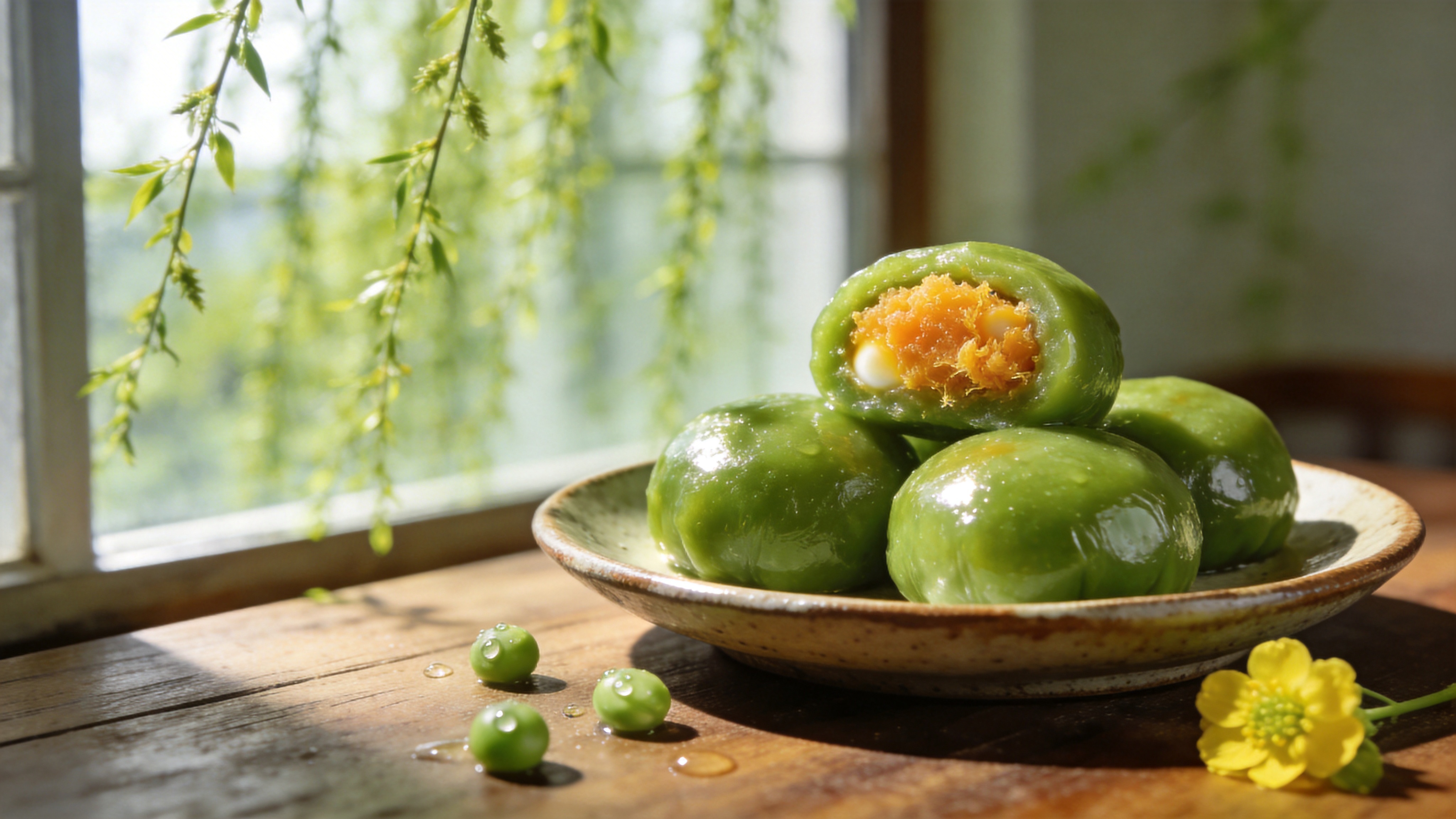 特写镜头下的春日美食，一只手工制作的粗陶盘子里，盛着刚刚出炉的青团。青团表皮油润翠绿，散发着艾草的清香，透过半透明的皮隐约可见里面细腻的咸蛋黄肉松馅料。盘子旁边散落着几颗新鲜的露水和一朵刚采摘的油菜花作为点缀。背景是虚化的木质餐桌，透过窗户可以看到窗外嫩绿的柳枝在春风中摇曳，阳光斜射在青团上，形成诱人的高光，让人感受到春天的味道和温度。

商业美食摄影风格，追求极致的真实感和食欲感。使用自然光为主，配合柔光箱补光，形成明亮通透的高调效果。色彩还原真实但略微提升饱和度以突出青团的绿色。景深较浅，背景虚化优美，强调食物的软糯质感、油润光泽和细节纹理，具有 8K 分辨率的微距画质。