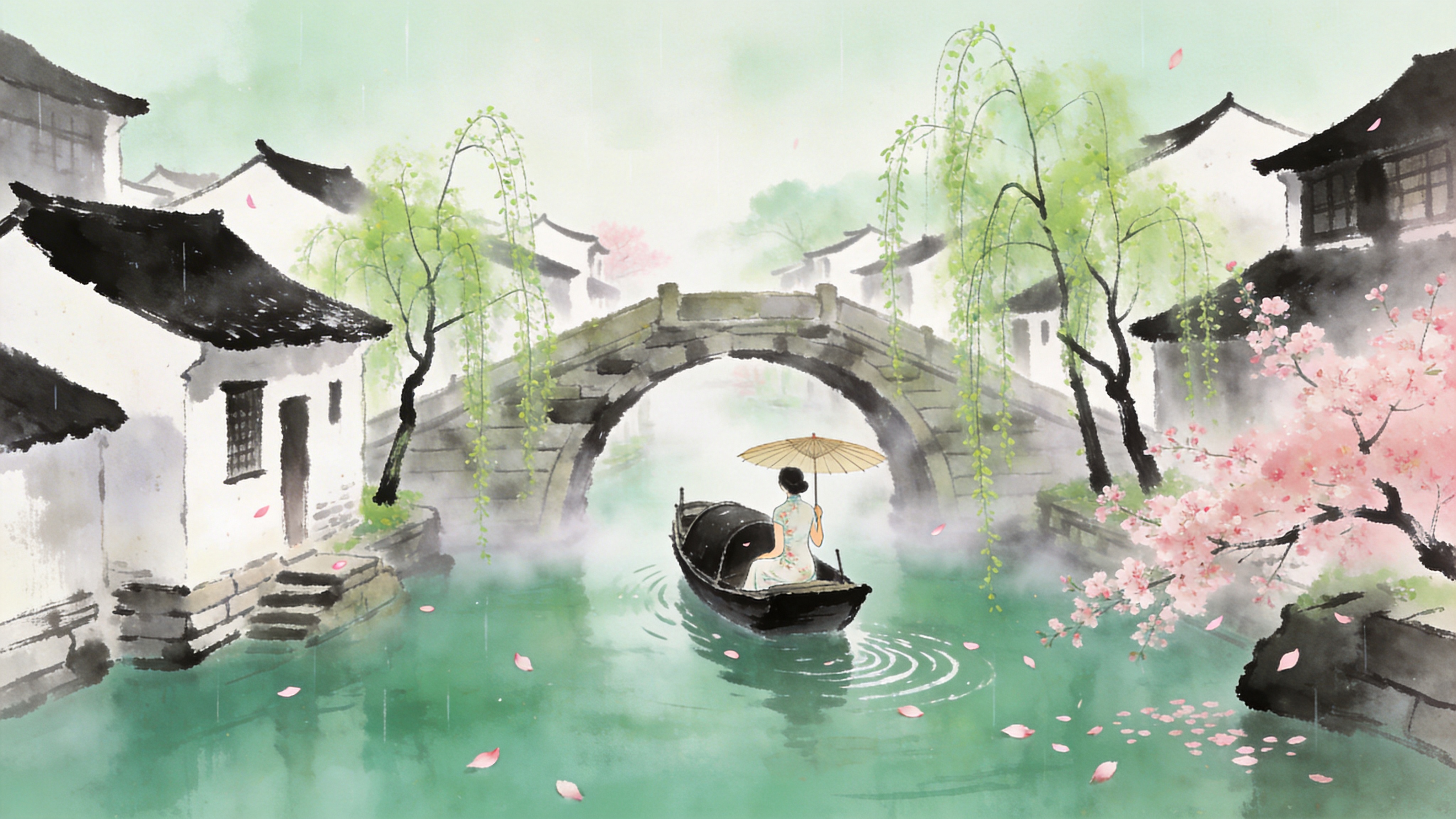 早春三月的江南水乡，一座古老的石拱桥横跨在碧绿的河面上，两岸是错落有致的白墙黛瓦民居。河岸边，几株垂柳刚刚抽出嫩绿的新芽，细长的柳枝随风轻拂水面，泛起层层涟漪。一艘乌篷船正缓缓穿过桥洞，船头坐着一位穿着素雅旗袍的女子，手撑一把油纸伞，正在欣赏岸边盛开的早春桃花，粉色的花瓣随风飘落在水面上。画面中充满了生机勃勃的春意，雾气蒙蒙，仿佛能听到潺潺的流水声和远处传来的古琴声。

新中式水墨风格，结合了传统水墨画的留白与意境，以及现代插画的细腻色彩。色调以青绿、淡墨和桃花粉为主，色彩清新淡雅。笔触既有水墨的晕染感，又有工笔画的精细勾勒。光影柔和，利用漫射光表现江南春雨后的湿润感，整体画面如诗如画，具有浓厚的东方美学韵味。