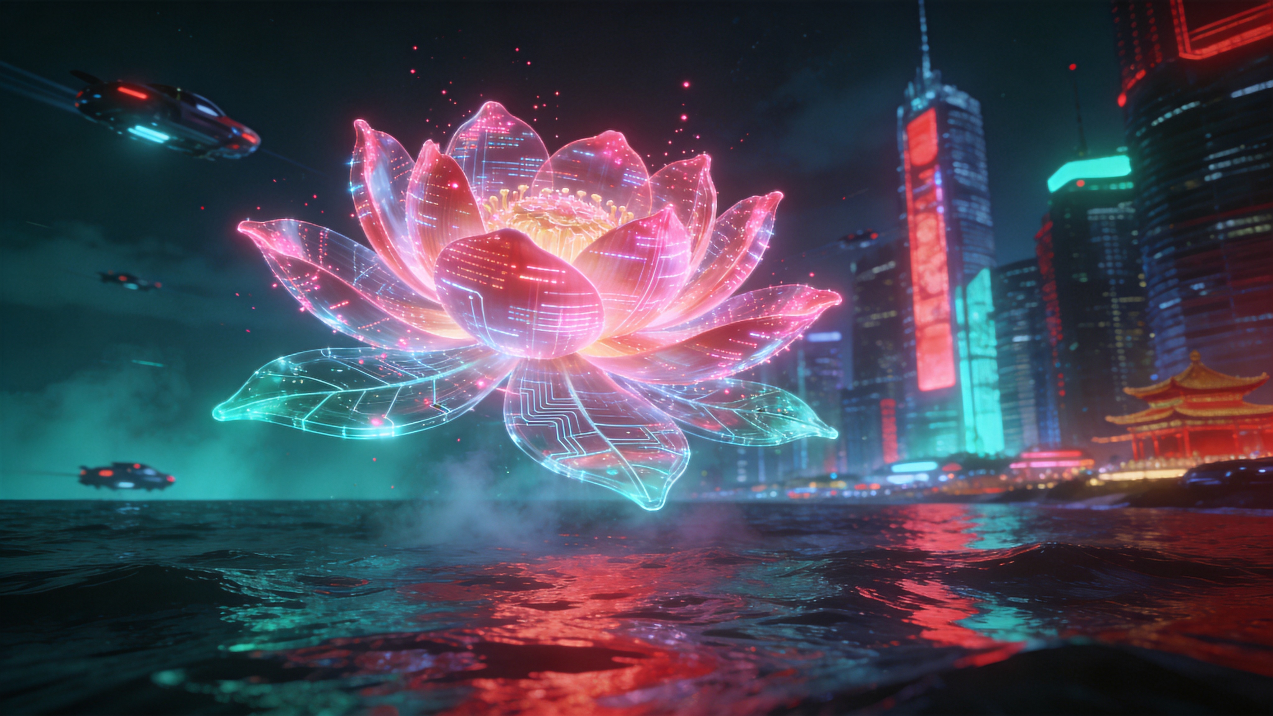 未来的海滨城市，2026年酷热的夏日夜晚，霓虹灯在潮湿的空气中晕染开来。画面中心是一个漂浮在半空中的巨大全息荷花装置，花瓣由流动的数据流和粉色光粒子构成，正在缓缓绽放。荷花的叶脉是透明的电路板，下方是波光粼粼的赛博海面，远处是错落有致的摩天大楼，飞行汽车穿梭其间，空气中弥漫着电子雾气。

赛博朋克概念艺术，强烈的冷暖色对比（洋红与青色），体积光渲染，发光材质，高科技与东方传统元素的结合，精细的机械细节，电影级构图，充满未来感的迷幻与燥热气息。
