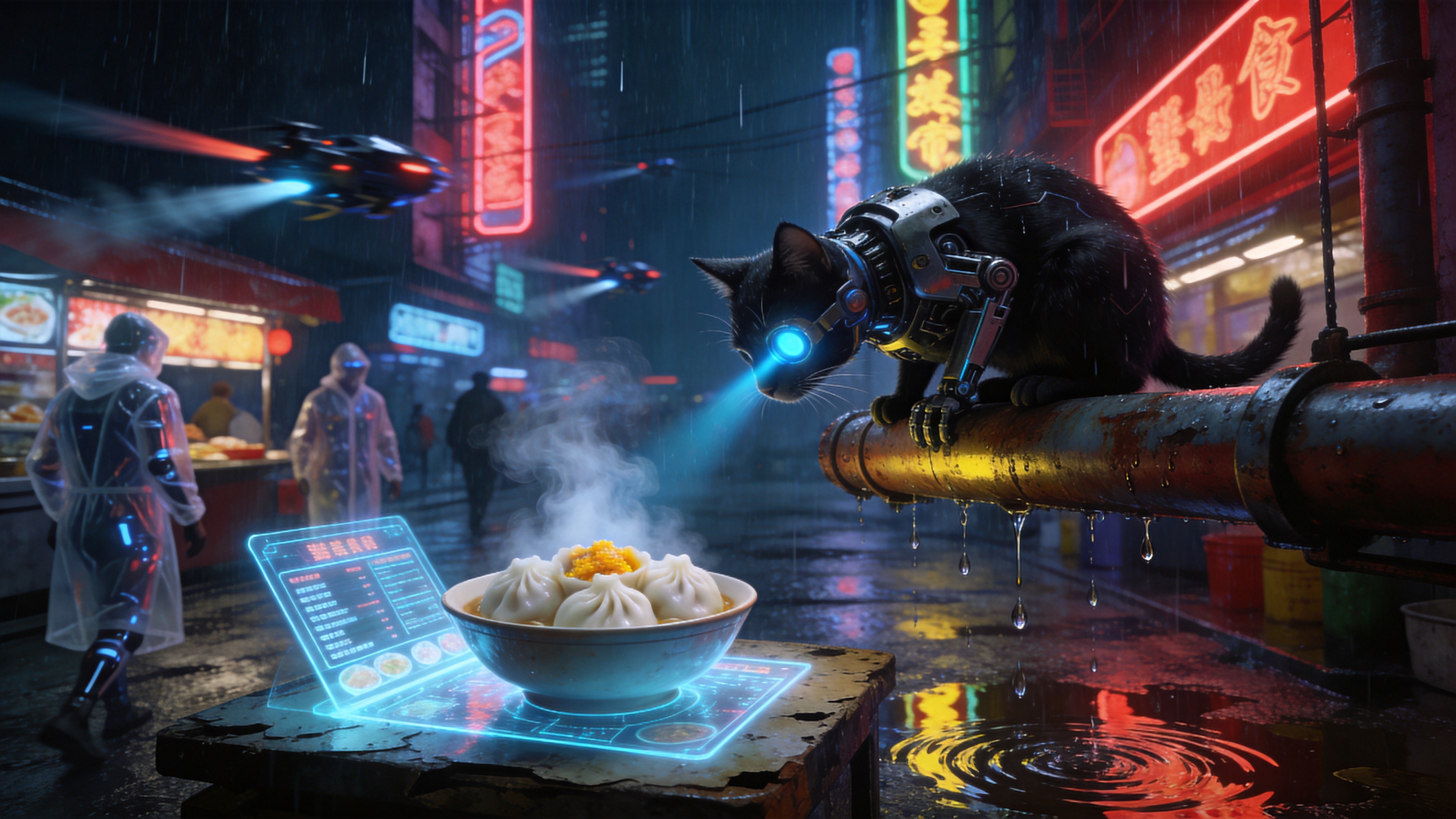 赛博朋克都市深处的霓虹夜市，初秋的冷雨刚停，金属地面上积水倒映着错综复杂的高饱和度霓虹招牌。一个半机械改造的流浪黑猫蹲在生锈的悬空管道上，它的机械义眼闪烁着幽蓝色的激光，正专注地盯着下方：一碗热气腾腾的合成蟹黄小笼包正冒着白色的蒸汽，放在破旧的发光全息菜单投影台上。周围是穿梭的飞行器尾流和穿着透明雨衣的仿生人，冷雨滴从管道滴落，激起水洼中的涟漪。

3D超写实赛博朋克概念艺术，色调以深邃的暗夜蓝和霓虹洋红为主，局部辅以食物蒸汽的暖黄光，强烈的体积光与电影级景深效果，金属与玻璃的冷硬反射极度逼真，雨滴与蒸汽的物理动态细节拉满，画面充满未来都市的压迫感与市井烟火气的冲突