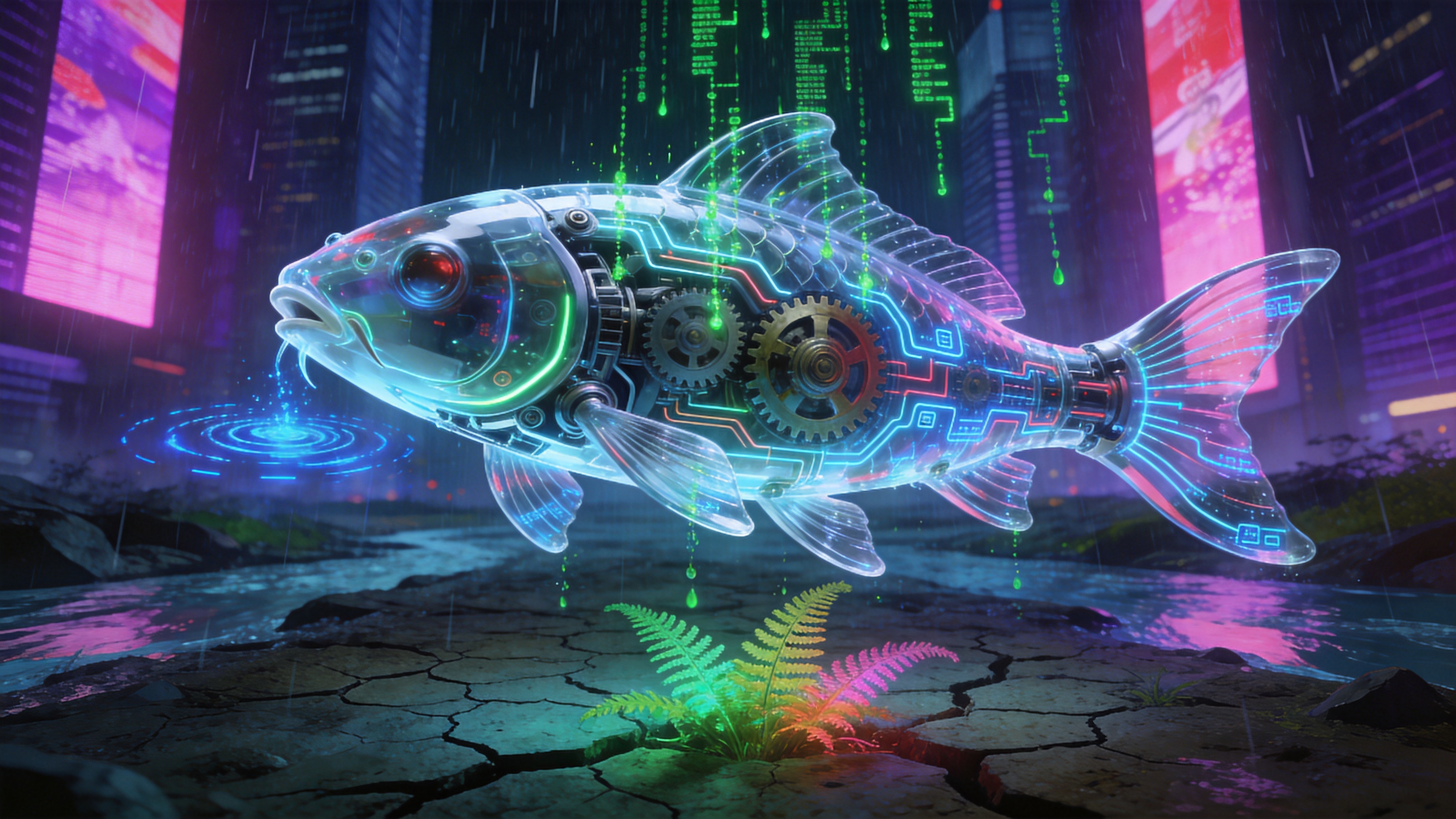 一个超现实的赛博朋克场景，设定在 2026 年的未来都市。主体是一只机械化的锦鲤，其身体由半透明的强化玻璃和流动的发光电路板构成，内部可以看到精密的齿轮在转动。它正在飞跃一个干涸的、充满裂纹的河床，河床的裂缝中生长着发光的霓虹色蕨类植物。背景是高耸入云的摩天大楼，巨大的全息广告牌投射出粉紫色的光雨。整个场景暗示着‘雨水’节气，但下的不是普通的雨，而是飘落的绿色代码流，落在机械锦鲤身上激起蓝色的数字涟漪。

概念艺术与赛博朋克风格，融合 3D 渲染与数字绘画。强烈的冷暖对比，使用霓虹青、洋红和电光蓝作为主色调。体积光和辉光效果强烈，金属和玻璃材质渲染逼真。构图具有动感和张力，充满未来科技感与东方神秘主义的碰撞，适合作为科幻游戏的概念原画。