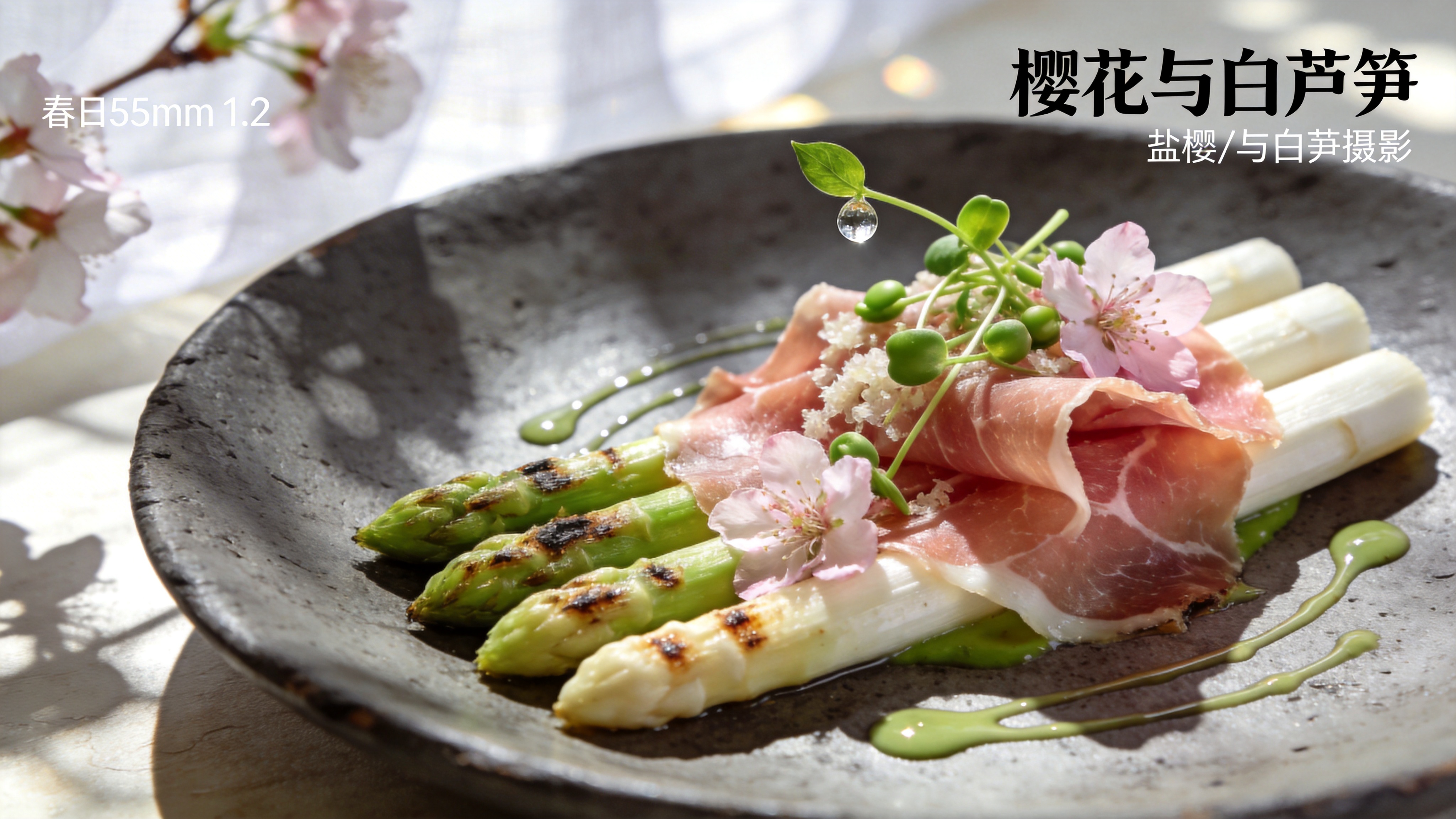 特写视角的美食摄影，展示一份春日限定的“樱花与白芦笋”创意料理。画面主体是一盘精致的西式摆盘，底部是深灰色的粗陶盘。盘中铺着几根烤至微焦的白芦笋，上面覆盖着薄如蝉翼的帕尔马火腿。旁边点缀着几朵盐渍樱花和新鲜的豌豆苗，酱汁以艺术性的线条淋在盘中。一颗晶莹剔透的露珠正欲从豌豆苗叶尖滑落。背景虚化，隐约可见春日午后的阳光透过白色的纱帘洒在桌面上，光影斑驳，营造出清新、高级的米其林餐厅氛围。

专业美食摄影风格，佳能85mm f/1.2镜头拍摄效果。色彩自然清新，突出食材原本的绿色与粉色，高明度低对比度。光影采用自然侧逆光，强调食物的纹理、光泽和立体感。景深极浅，背景光斑柔和（Bokeh效果），画质细腻锐利，呈现出杂志封面级的质感与生活美学。