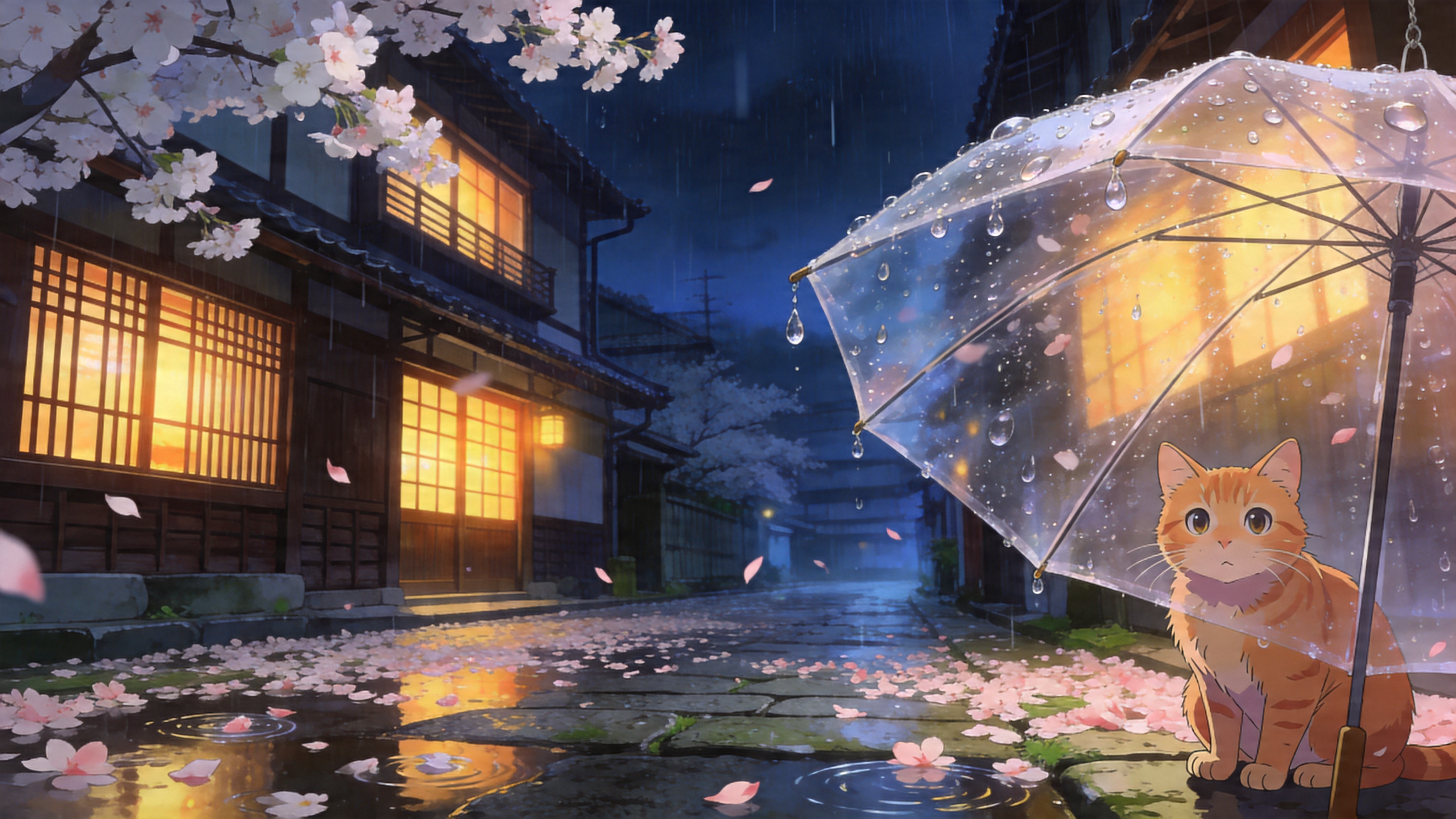 画面定格在 2026 年 4 月中旬的京都，一场细雨后的古老街道。前景是一把透明的油纸伞，伞面上挂着晶莹剔透的雨滴，透过伞面可以看到一只毛色油亮的橘猫正蹲在湿润的青石板路上，好奇地抬头看向镜头。背景是典型的日式町屋建筑，深褐色的木格窗透出温暖的橘黄色灯光，与外界的冷色调形成对比。街道两旁的樱花树正处于盛花期，粉白色的花瓣被风吹落，铺满了地面，漂浮在浅浅的积水中，营造出一种静谧而梦幻的雨夜氛围。

新海诚动漫风格，超高清 8K 分辨率。色彩强调冷暖对比，环境光以幽蓝的夜色为主，辅以窗户透出的暖黄光辉。光影处理极其细腻，雨滴和花瓣要有半透明的质感，整体画面通透、唯美，充满治愈系的空气感。