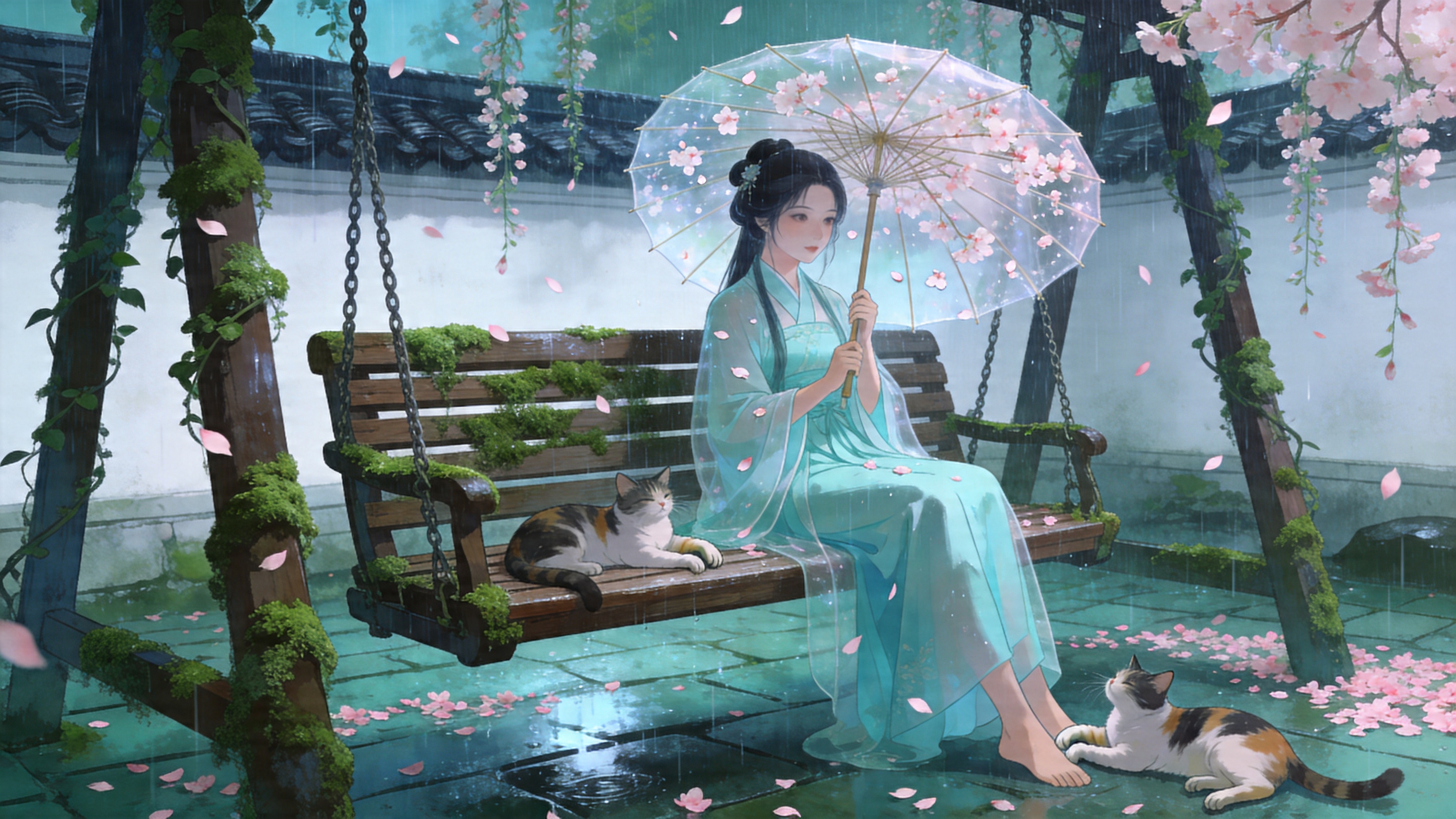 2026年4月21日的暮春时节，在一座古老的中国江南庭院中，一场微雨刚刚停歇。画面主体是一架爬满青苔的木质秋千，上面坐着一个穿着淡青色新中式汉服的少女，她手里拿着一把半透明的油纸伞，伞面绘有几只飘落的樱花。她的脚边有一只慵懒的三花猫正在伸懒腰。背景是白墙黛瓦和几株正在飘落花瓣的垂丝海棠，空气中弥漫着湿润的水汽，花瓣如同粉色的雨点般铺满了湿润的青石板地面，营造出一种‘惜春长怕花开早’的唯美意境。

新中式国潮插画风格，融合了传统工笔画的细腻线条与现代插画的通透质感。色调以青绿、黛蓝和淡粉为主，营造清冷而雅致的氛围。光影处理采用柔和的漫反射光，强调雨后湿润的质感。画面构图讲究留白，具有浓郁的东方诗意和电影般的景深感，如同王家卫电影的美术设计。