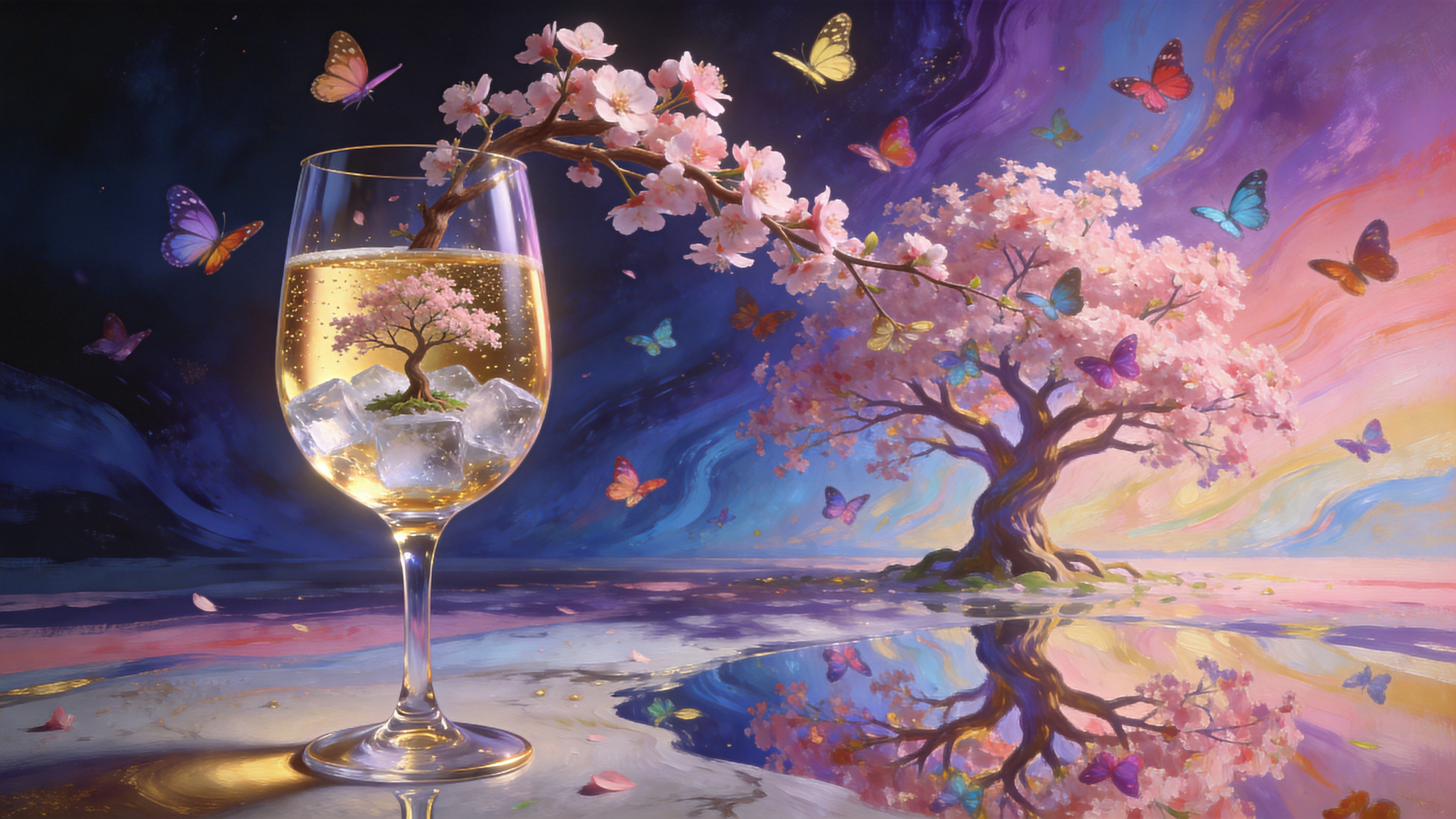 一个超现实主义的春日盛宴场景，巨大的透明高脚杯中盛满了金色的香槟和漂浮的冰块，但杯中不是普通的酒，而是生长着一棵生机勃勃的微型樱花树，树枝延伸出杯口。在树枝周围，几只色彩斑斓的蝴蝶正在翩翩起舞。背景是抽象的流动色彩，象征着春风的流动，地面是由镜面材质构成的，倒映着这棵违背常理的生命之树，充满哲学意味和生机。

3D概念艺术与超现实主义油画结合，C4D渲染质感，具有玻璃、金属和有机材质的完美对比。色彩采用奢华的金色、梦幻的粉紫和深邃的蓝。光影戏剧化，具有全局照明效果，整体风格精致、现代且充满想象力，适合高端商业海报。