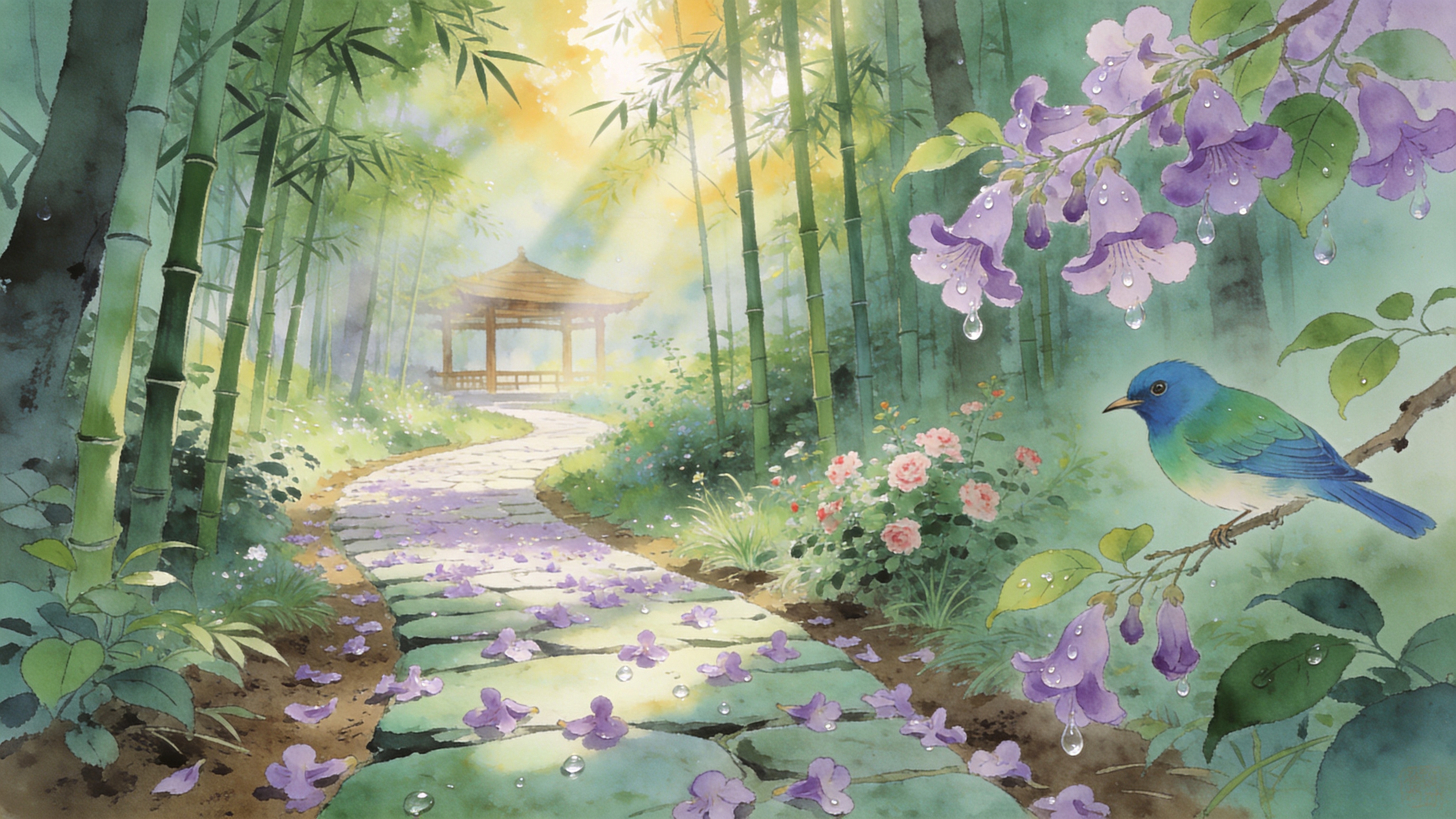 2026年5月中旬的初夏时节，清晨的阳光透过茂密的古树冠洒下斑驳光影。画面主体是一条蜿蜒穿过深林的青石板路，路面上铺满了刚刚飘落的淡紫色桐花，花瓣上还挂着晶莹剔透的露珠。远处隐约可见一座木质结构的凉亭，周围环绕着翠绿的竹林和盛开的野蔷薇。空气中仿佛弥漫着泥土的芬芳和花草的清香，一只蓝绿色的羽毛鸟儿正停在枝头，歪着头注视着前方，画面宁静而富有生机。

新中式水墨插画风格，结合了工笔画的细腻与水墨画的写意。色调以清新的翠绿、淡青和暖黄为主，营造出初夏清凉通透的氛围。笔触柔和流畅，光影处理采用丁达尔效应，增强空气感。纸张质感设置为细腻的宣纸纹理，高分辨率，构图具有深远的空间层次感。