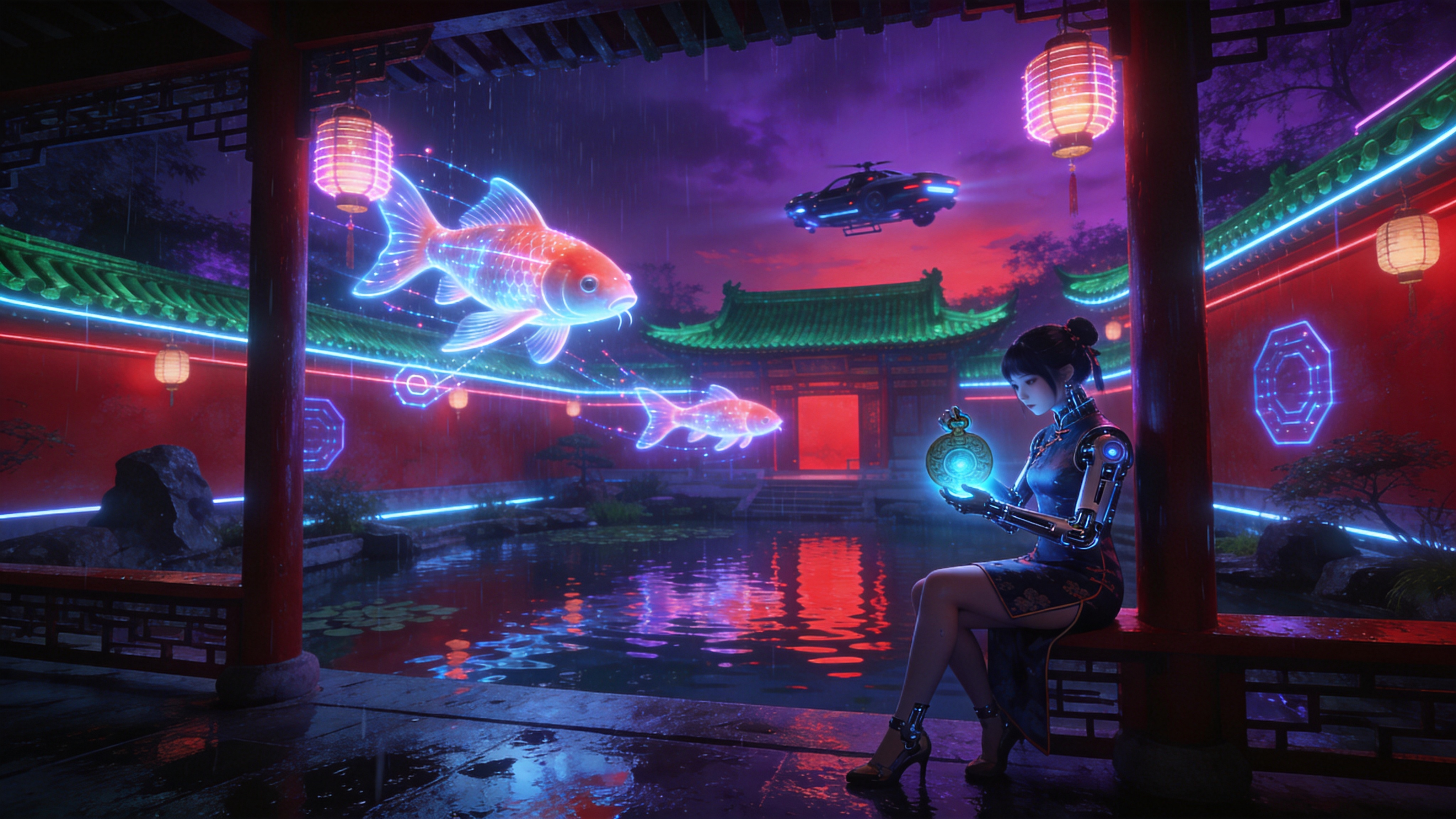一个充满未来感的赛博朋克中式庭院，时间设定在 2026年的立夏之夜。传统的红墙绿瓦被全息投影的霓虹灯带覆盖，巨大的全息锦鲤在空中游弋，穿过发光的电子灯笼。庭院中央的池塘里，水波荡漾，倒映着紫红色的赛博天空和悬浮的飞车。一位穿着改良式旗袍的机械少女坐在廊檐下，手中把玩着一枚散发着幽蓝光芒的古老玉佩，雨水打湿了地面，反射出迷离的光彩，营造出一种冷冽而神秘的东方科幻氛围。

赛博朋克概念艺术，结合传统东方美学与高科技元素。强烈的冷暖对比色，以霓虹紫、电光蓝和暗红为主色调。体积光渲染，光影效果戏剧化，材质强调金属光泽与湿润的反射质感，画面细腻精致，具有电影级的视觉冲击力。