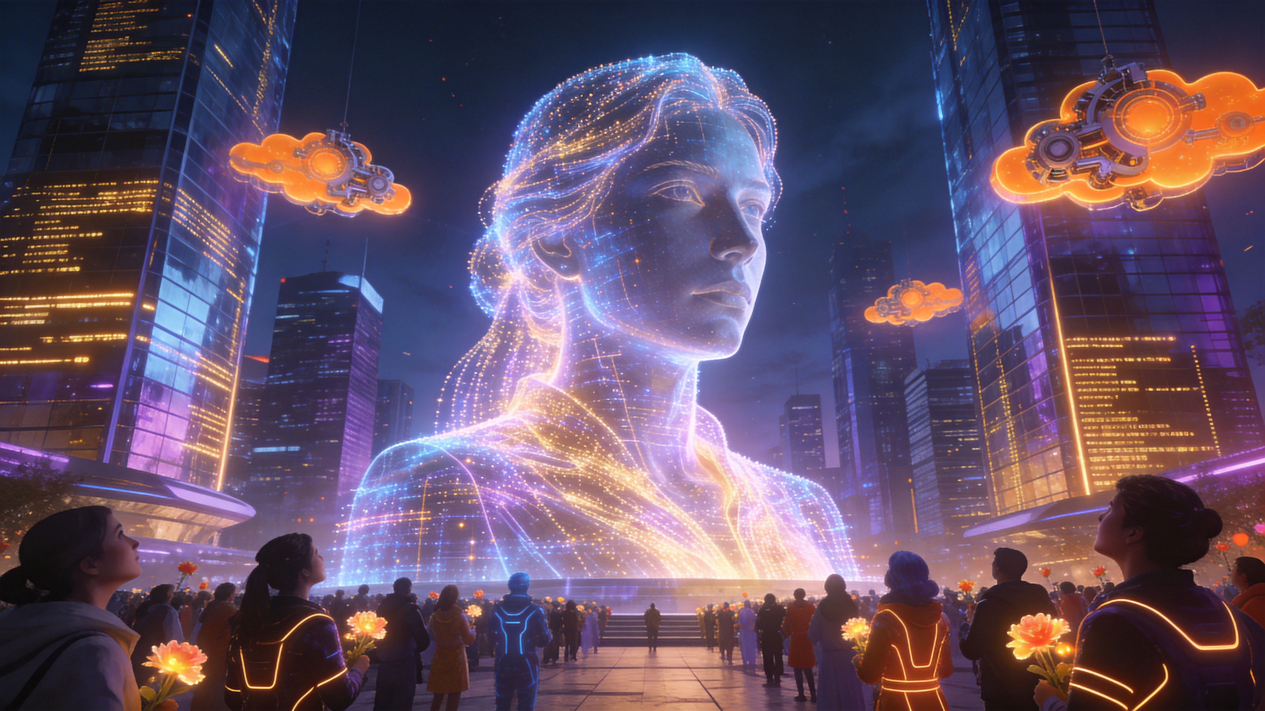 2026年3月8日的国际妇女节，未来主义城市的广场上，一座巨大的全息投影纪念碑正在闪耀。纪念碑由无数流动的光粒子组成，呈现出一位抽象的女性半身像，她坚毅的面容注视着前方，象征着科技与女性力量的融合。周围是高耸入云的玻璃幕墙摩天大楼，建筑外墙流淌着金色的霓虹数据流。地面上聚集着庆祝的人群，每个人都穿着带有发光线条的时尚服饰，手中拿着发光的鲜花，仰望纪念碑，表情充满希望与敬意。空中漂浮着几朵装饰性的机械云，散发着温暖的橙色光芒。

赛博朋克概念艺术，虚幻引擎5渲染，强烈的冷暖对比色（霓虹蓝、紫与暖橙、金），体积光，厚涂质感，电影级光效，高科技感与人文情感结合，细节丰富的未来建筑纹理，宏大的广角镜头，极具视觉冲击力。